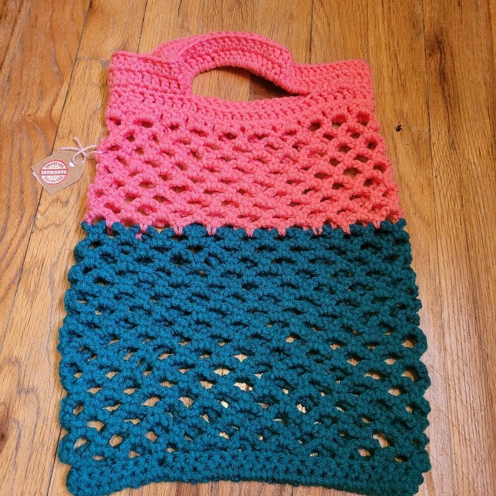 Handcrafted Pink and Green Crochet Tote Bag